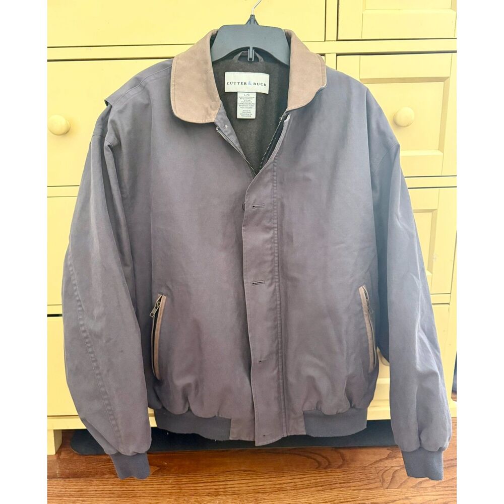 Cutter & Buck Men's L‎ Bomber Jacket Wool Blend Lined Harrington Gray Suede Trim
